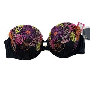 Xhilaration Black Bikini Top with Colorful Floral Embroidery, Large